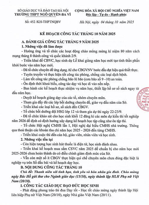 KẾ HOẠCH CÔNG TÁC THÁNG 10 NẢM 2025