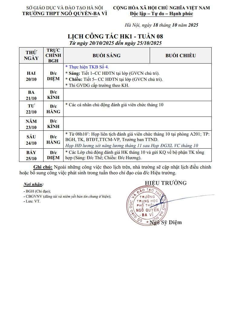 LỊCH CÔNG TÁC HK1 - TUẦN 08 Từ ngày 20/10/2025 đến ngày 25/10/2025
