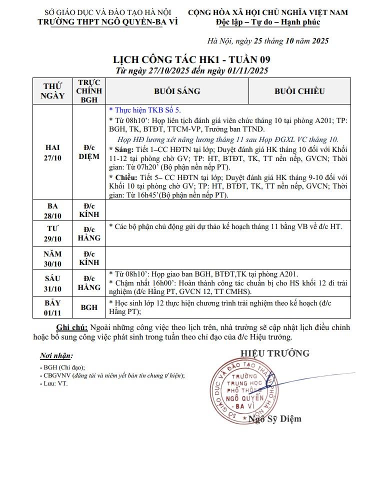 LỊCH CÔNG TÁC HK1 - TUẦN 09 Từ ngày 27/10/2025 đến ngày 01/11/2025