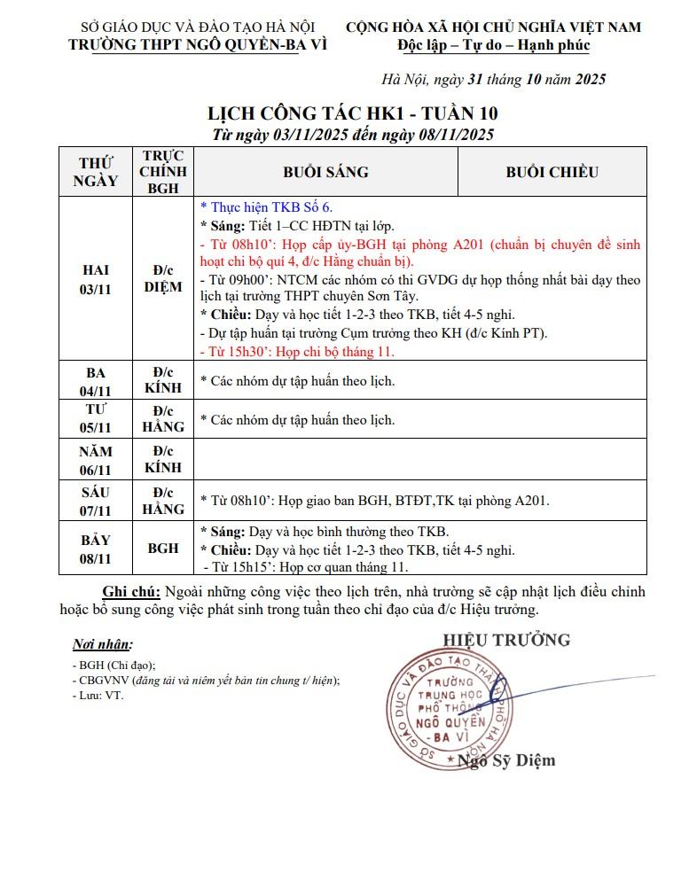 LỊCH CÔNG TÁC HK1 - TUẦN 10 Từ ngày 03/11/2025 đến ngày 08/11/2025