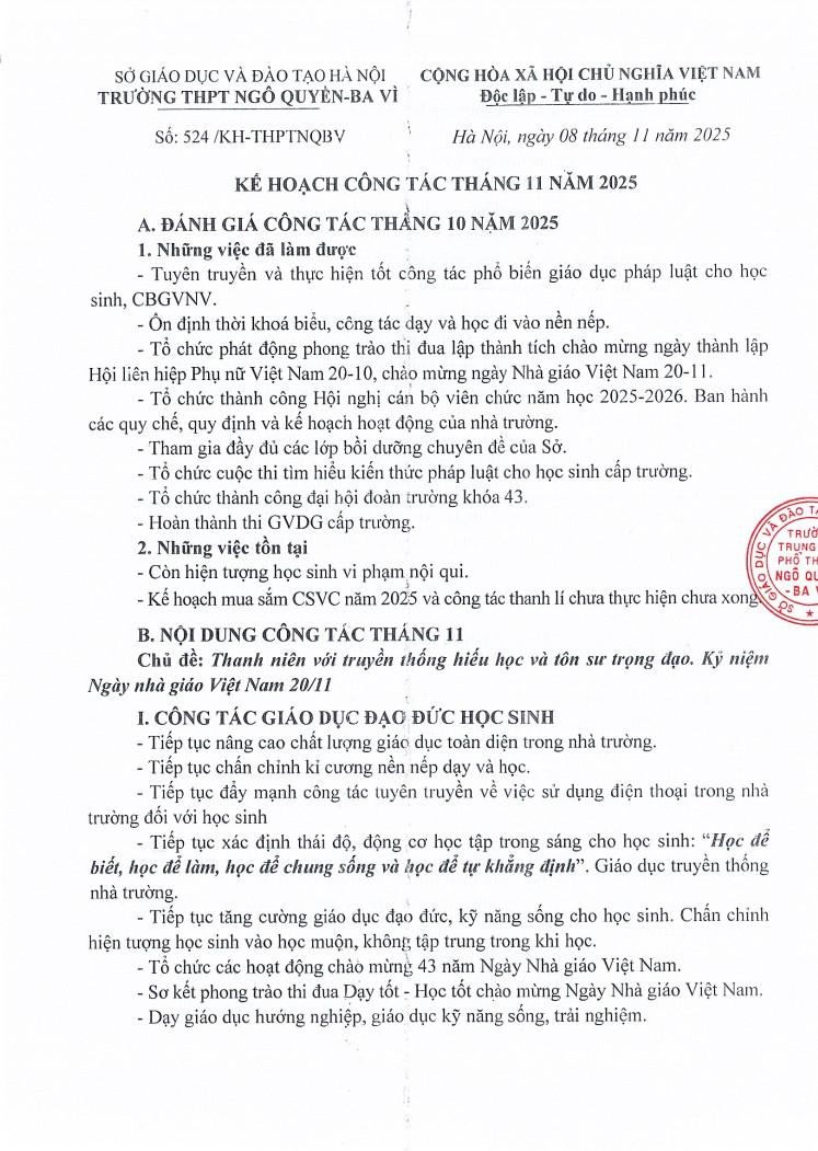 KẾ HOẠCH CÔNG TÁC THÁNG 11 NĂM HỌC 2025-2026
