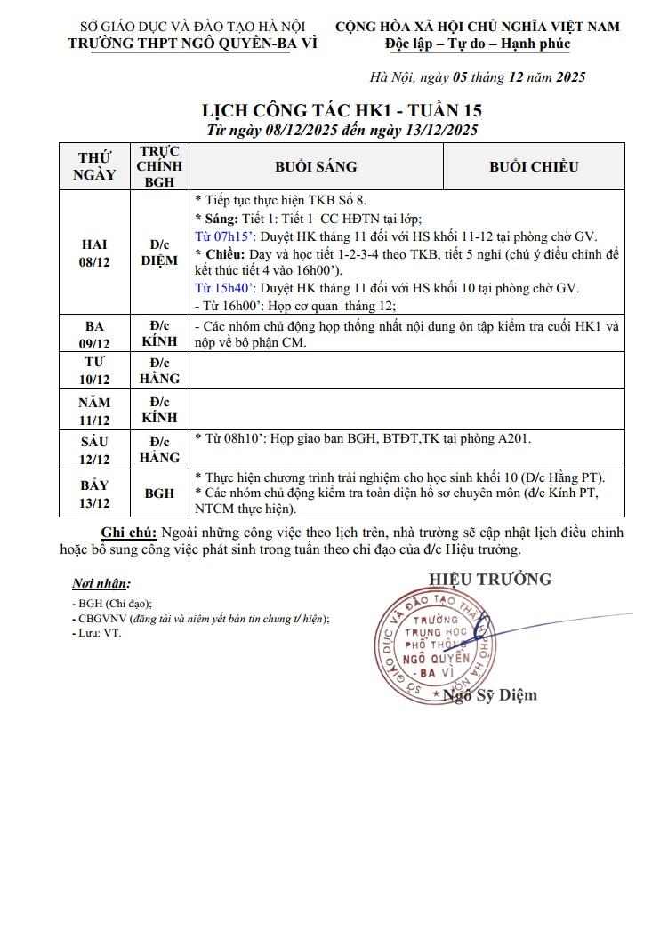 LỊCH CÔNG TÁC HK1 - TUẦN 15 Từ ngày 08/12/2025 đến ngày 13/12/2025