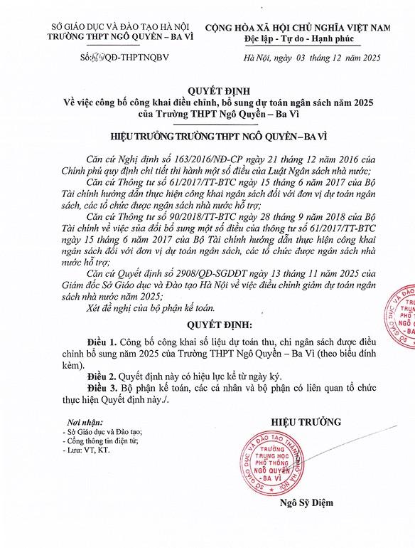 QUYẾT ĐỊNH v ề việc công bố công khai điều chỉnh, bổ sung dự toán ngân sách năm 2025 của Trường THPT Ngô Quyền - Ba Vì 