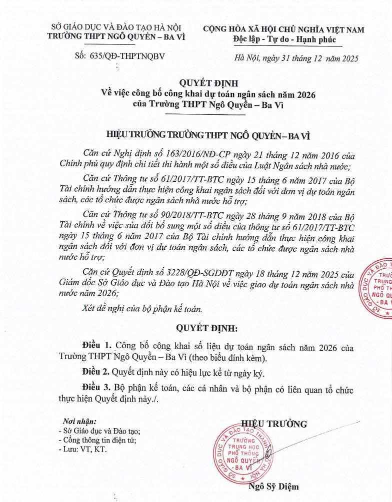 QUYẾT ĐỊNH Về việc công bố công khai dự toán ngân sách năm 2026 của Trường THPT Ngô Quyền – Ba Vì