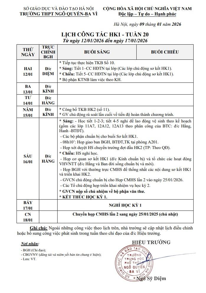 LỊCH CÔNG TÁC HK1 - TUẦN 20 Từ ngày 12/01/2026 đến ngày 17/01/2026