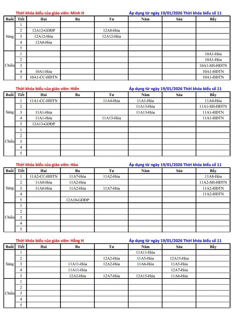 Thời khóa biểu của Giáo viên số 11 Áp dụng từ ngày 19/01/2026 