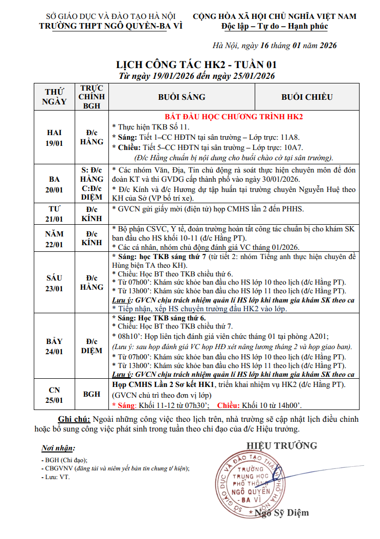 LỊCH CÔNG TÁC HK2 - TUẦN 01 Từ ngày 19/01/2026 đến ngày 25/01/2026
