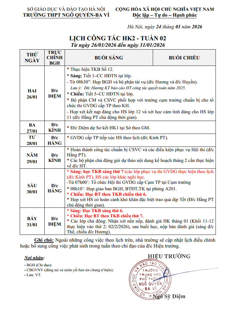 LỊCH CÔNG TÁC HK2 - TUẦN 02 Từ ngày 26/01/2026 đến ngày 31/01/2026
