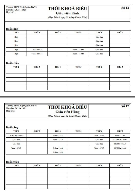 Thời khóa biểu của Giáo viên số 12 Áp dụng từ ngày 02/02/2026