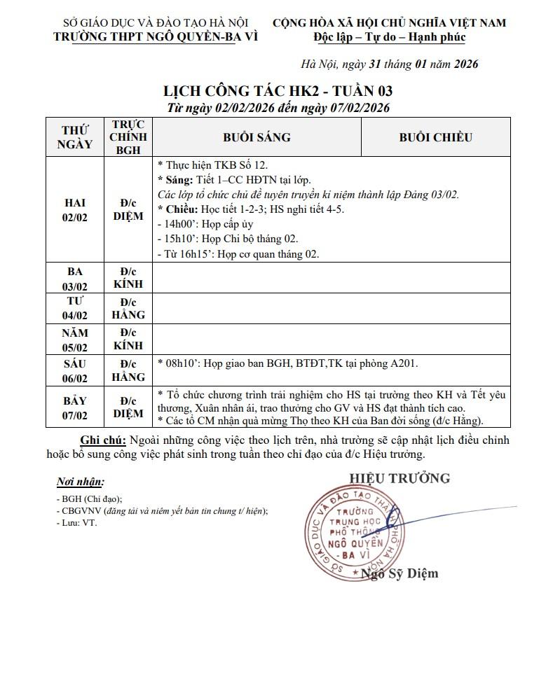 LỊCH CÔNG TÁC HK2 - TUẦN 03 Từ ngày 02/02/2026 đến ngày 07/02/2026