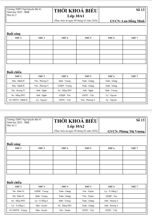 TKB Học sinh số 13, thực hiện từ ngày 09/02/2026