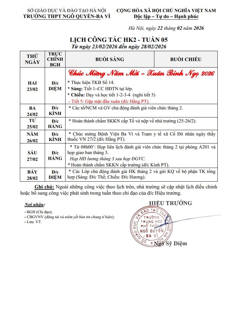 LỊCH CÔNG TÁC HK2 - TUẦN 05 Từ ngày 23/02/2026 đến ngày 28/02/2026