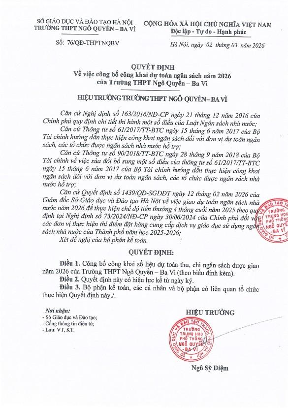Quyết định Về việc công bố công khai dự toán ngân sách năm 2026 của Trường THPT Ngô Quyền – Ba Vì