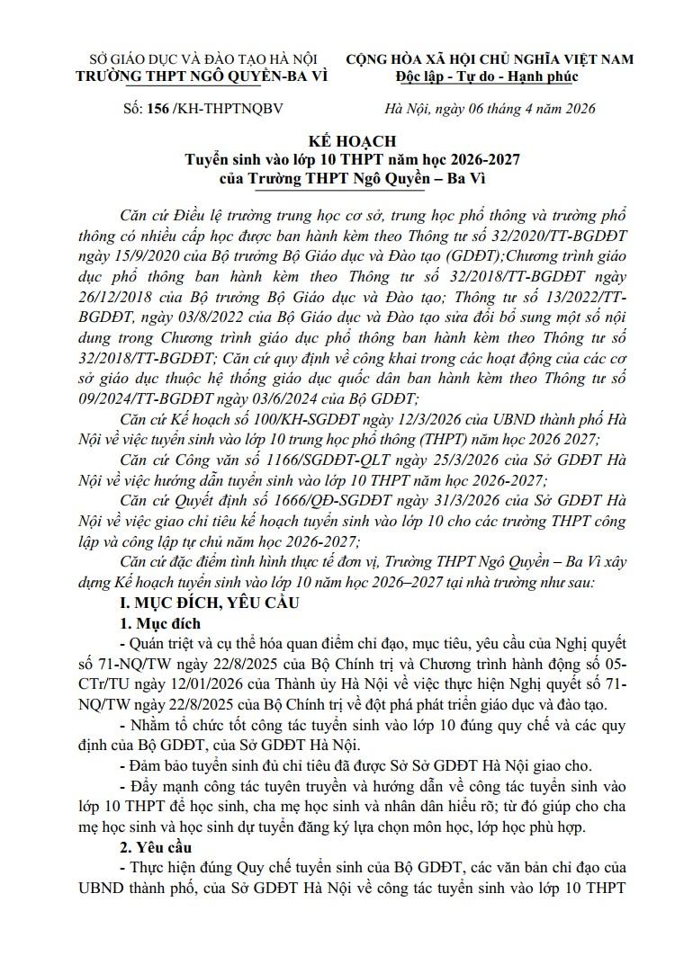 KẾ HOẠCH Tuyển sinh vào lớp 10 THPT năm học 2026-2027 của Trường THPT Ngô Quyền – Ba Vì