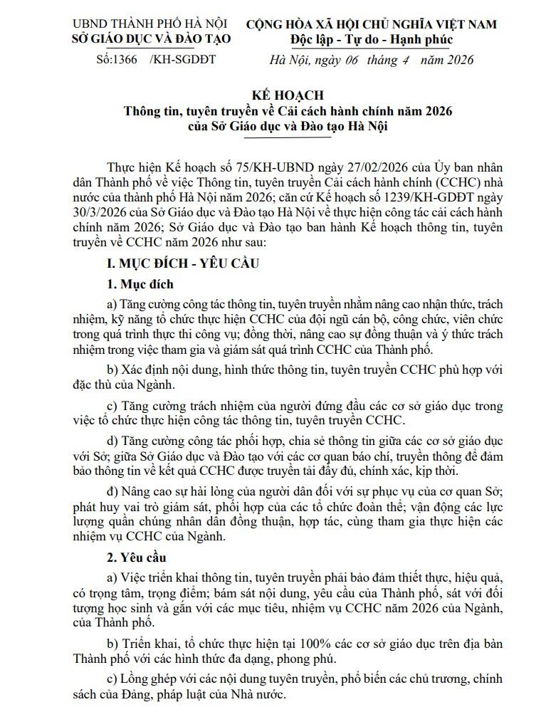 Kế hoạch số 1366/KH-SGDĐT ngày 06/4/2026 của Sở Giáo dục và Đào tạo Hà Nội Thông tin, tuyên truyền về Cải cách hành chính năm 2026
