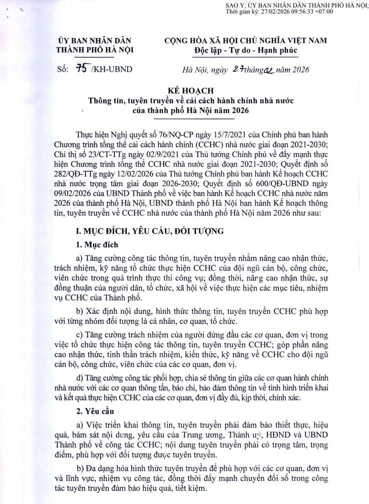 Kế hoạch số 75/KH-UBND ngày 27/02/2026 của Ủy ban nhân dân Thành phố về việc Thông tin, tuyên truyền Cải cách hành chính (CCHC) nhà nước của thành phố Hà Nội năm 2026