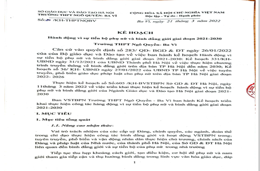 Hành động vì sự tiến bộ phụ nữ và bình đẳng giới giai đoạn 2021-2030 Trường THPT Ngô Quyền- Ba Vì 