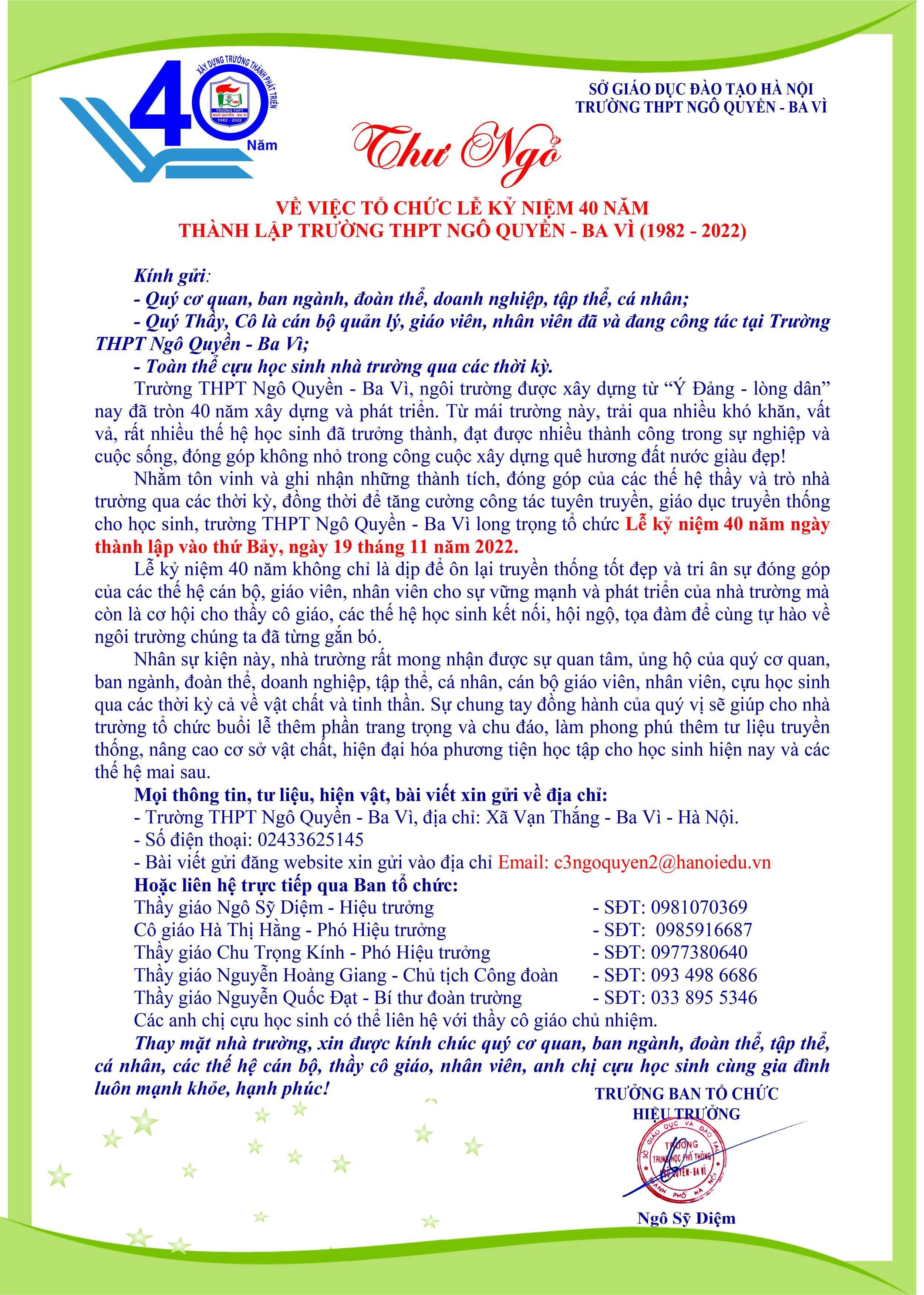 Thư Ngỏ  Về Tổ Chức Kỷ Niệm 40 Năm Thành Lập Trường THPT Ngô Quyền - Ba Vì